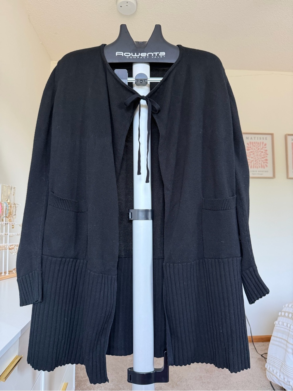 CAbi Black Tie-Neck Long Knit Cardigan